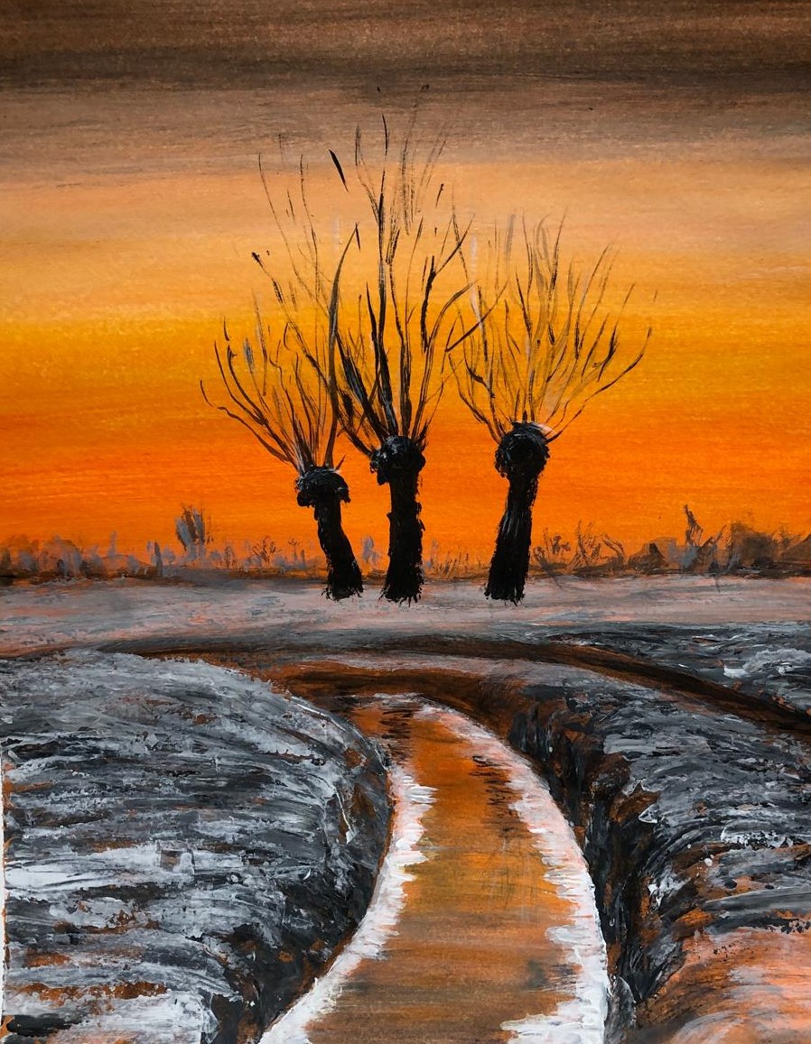Winterlandschap met drie knotwilgen en oranje lucht